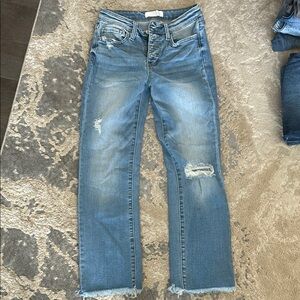 VERVET BY FLYING MONKEY Blue Straight Leg Jeans with Distressed Details